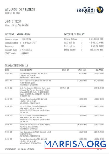Printable Cambodia ACLEDA bank account statement word example
